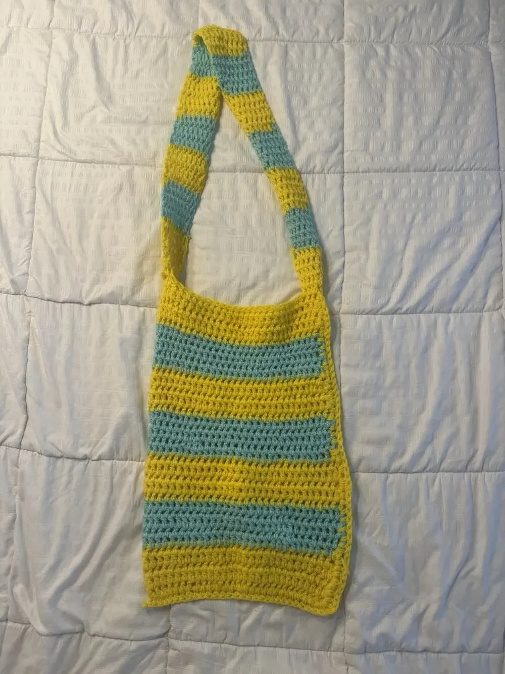 Crochet Tote Bag Yellow Blue Stripes Handmade Summer Beach Coastal Preppy